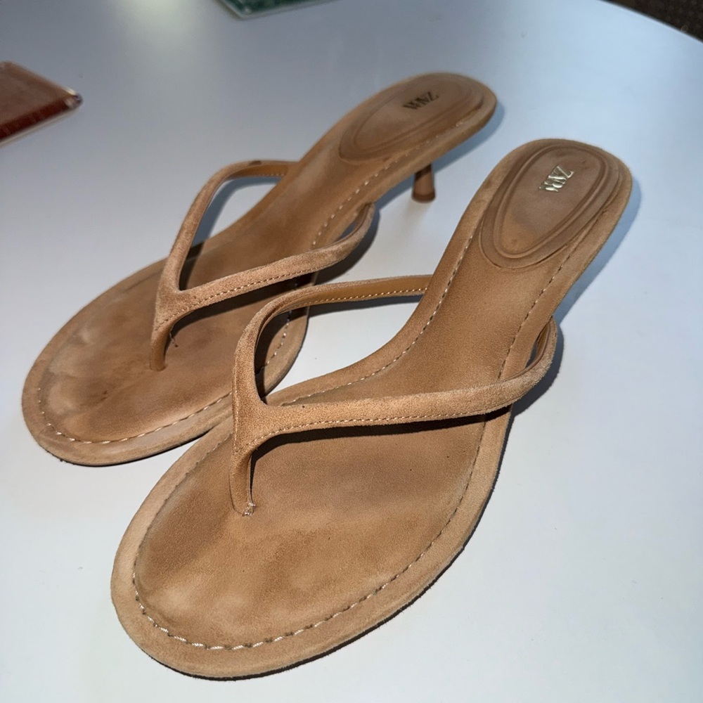 Zara Tan Suede Strappy Heeled Sandals size 10